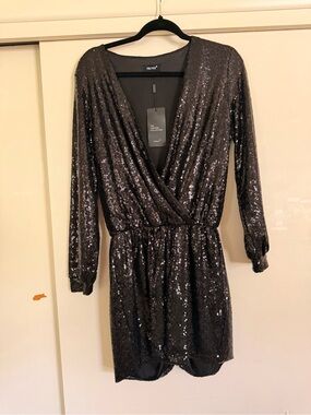 Black Sequin Surplice Romper